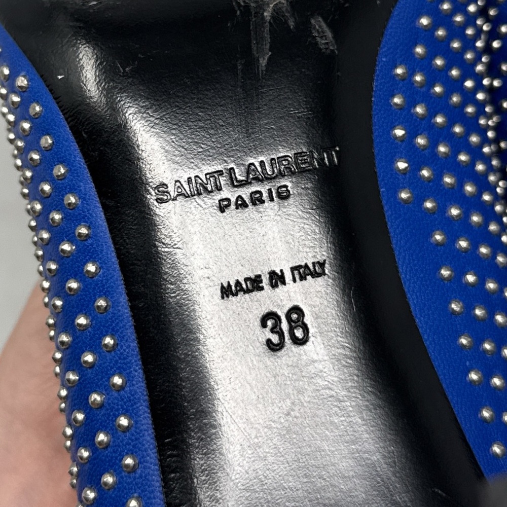 Saint Laurent Paris 80 Studded Leather Pointed Toe Stiletto Heel Pumps Blue 38 - Picture 10 of 14